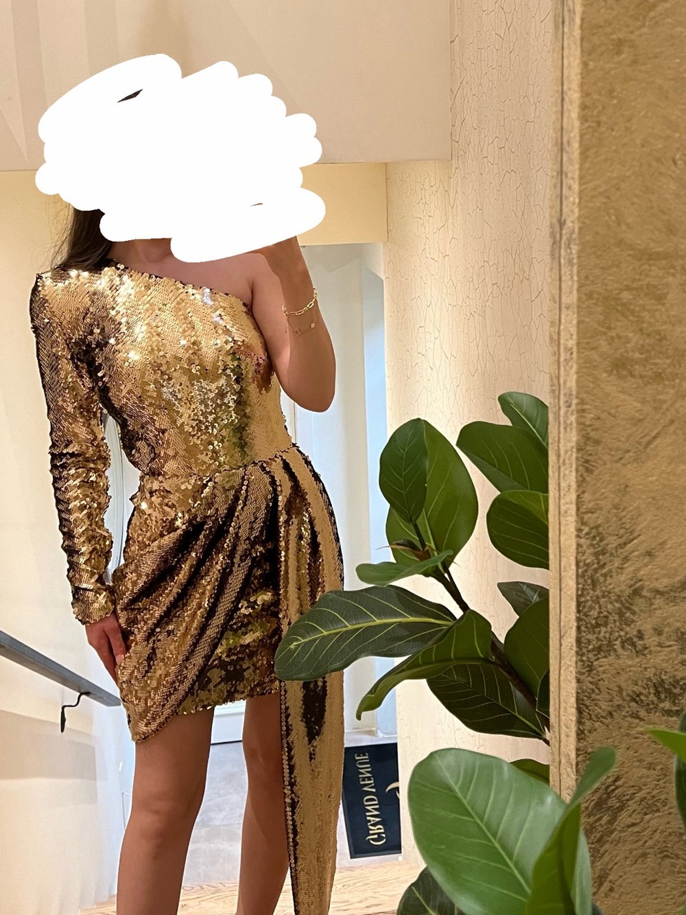 NADINE MERABI Gold One-Shoulder Sequin Draped Mini Dress